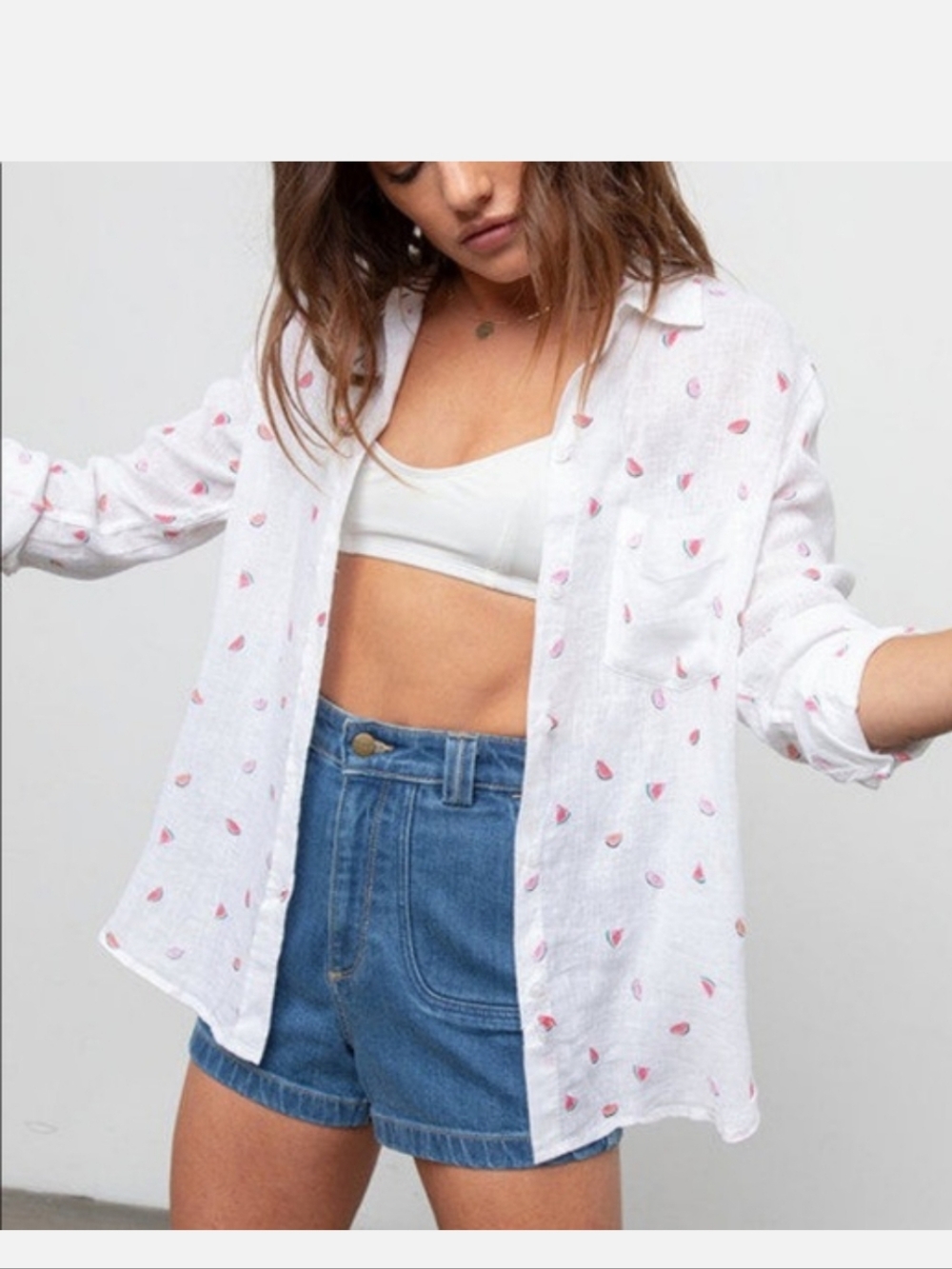 Rails White Linen Button-Up with Watermelon Print XS